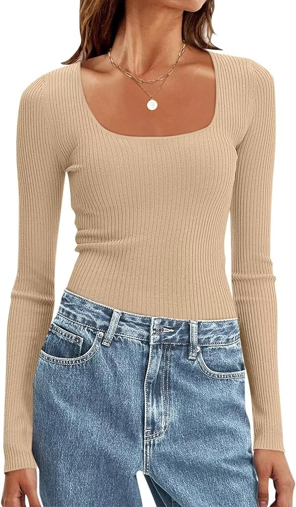 Women Ribbed Square Neck Long Sleeve Pullover Sweaters Knit Fitted Basic T Shirts | Amazon (US)