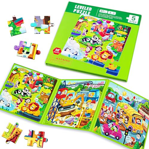 Magnetic Puzzles for Kids Ages 4-8, 3 in 1 Cartoon Jigsaw Puzzle Book, Kids Travel Puzzles Toys, Preschool Learning Toy for Kids 3-8 Year (Green Zoo) | Amazon (US)