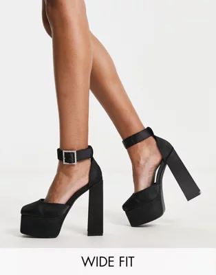 Simmi London Wide Fit platform heeled shoes with embellished buckle in black | ASOS (Global)