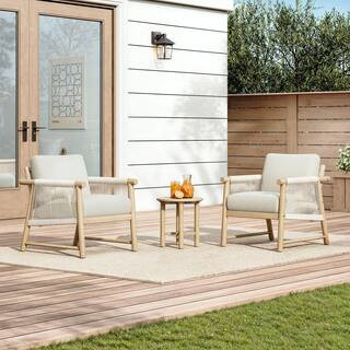 Miles 3-Pieces Cream Fabric Handwoven Rope Swivel Accent Chairs Side Table Set with Solid Wood Fr... | The Home Depot