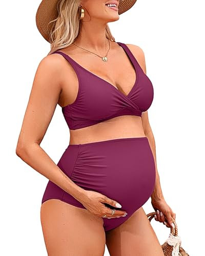 Charmo High Waisted Maternity Bathing Suits Pregnancy Swimsuit Bikini Set V Neck Swimwear M Dark Red | Amazon (US)