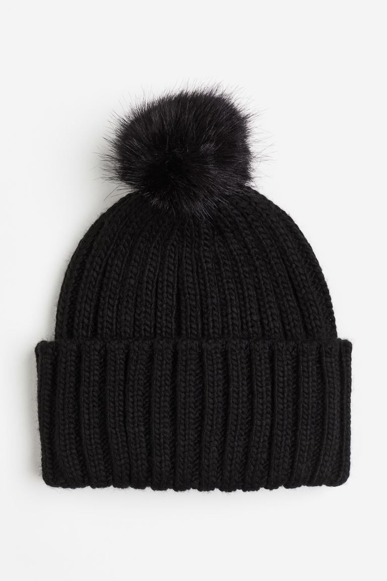 Rib-knit pompom hat - Black - Ladies | H&M GB | H&M (UK, MY, IN, SG, PH, TW, HK)