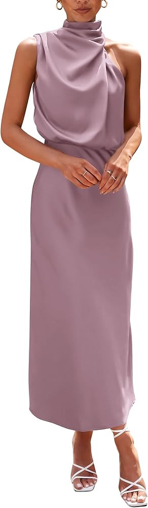 PRETTYGARDEN Women's 2025 Summer Satin Dress Elegant Sleeveless Mock Neck Cocktail Party Maxi Dre... | Amazon (US)