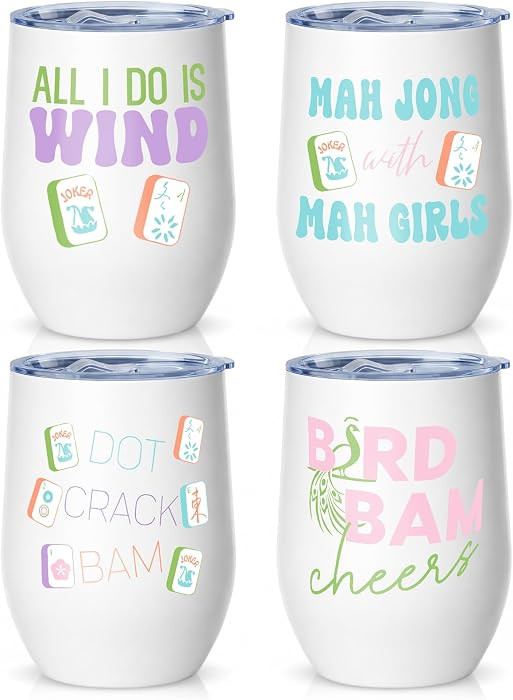 Patelai 4 PC Mahjong Cup Gift Tumbler with Lid Straw, 12 oz, Cute Mahjong | Amazon (US)