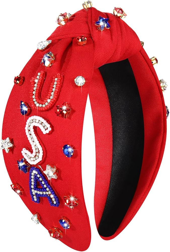 NVENF 4th of July Headbands, American Flag Star Headband Pearl Crystal Rhinestone Knotted Headban... | Amazon (US)