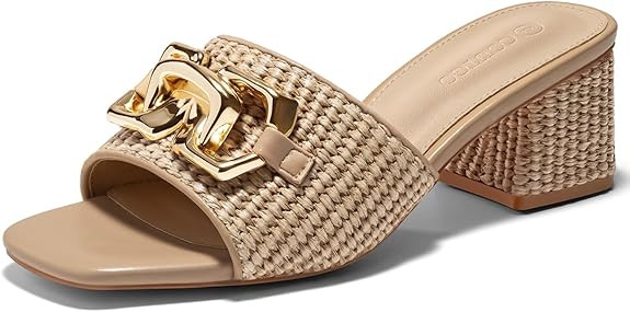 Coutgo Womens Raffia Slide Sandals Chunky Block Heeled Square Open Toe Metal Chain Slip on Mules ... | Amazon (US)