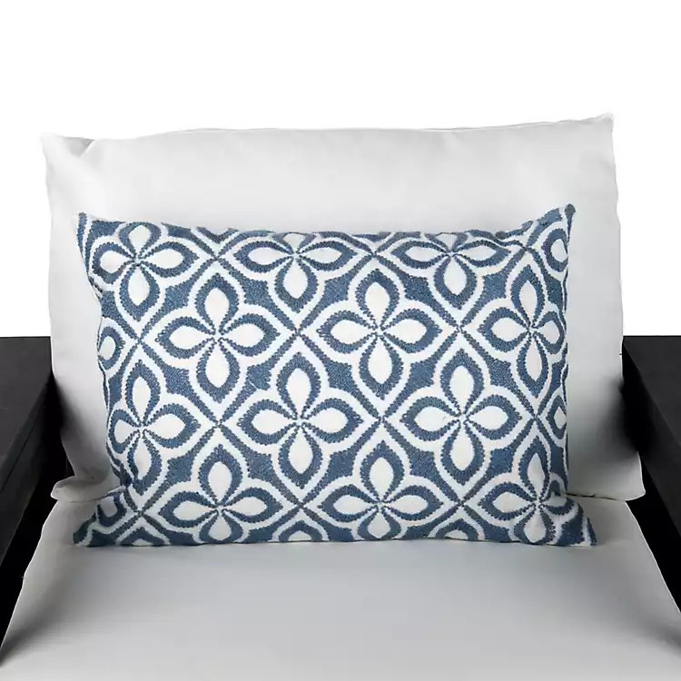 Blue Embroidered Floral Outdoor Lumbar Pillow | Kirklands