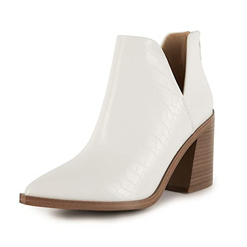 FISACE Womens Pointed Toe Stacked Mid Heel Ankle Boots V Cut Back Zipper Faux Leather Booties | Amazon (US)