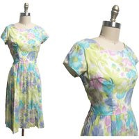 Vintage 1960S Dress - Pastel Green Blue Purple Floral Watercolor Spring Waist 30 | Etsy (US)