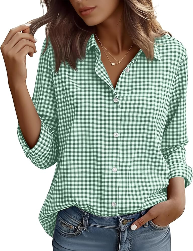 Wrinkle Free Button Down Shirts for Women Charm Slim-Fit Long Sleeve Formal Solid Dress Shirt Blo... | Amazon (US)