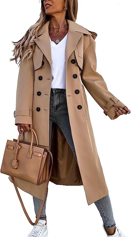 Fisoew Women's Double Breasted Long Trench Coat Windproof Classic Lapel Belted Overcoat with Pock... | Amazon (US)