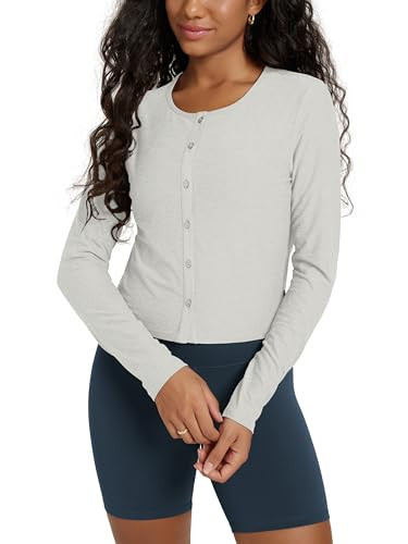 ODODOS Women's Cardigan - Ultra Soft Stratum Tech Performance Long Sleeve Crop UPF 50+ Button Down Crewneck Top, Salt Heather, Small | Amazon (US)