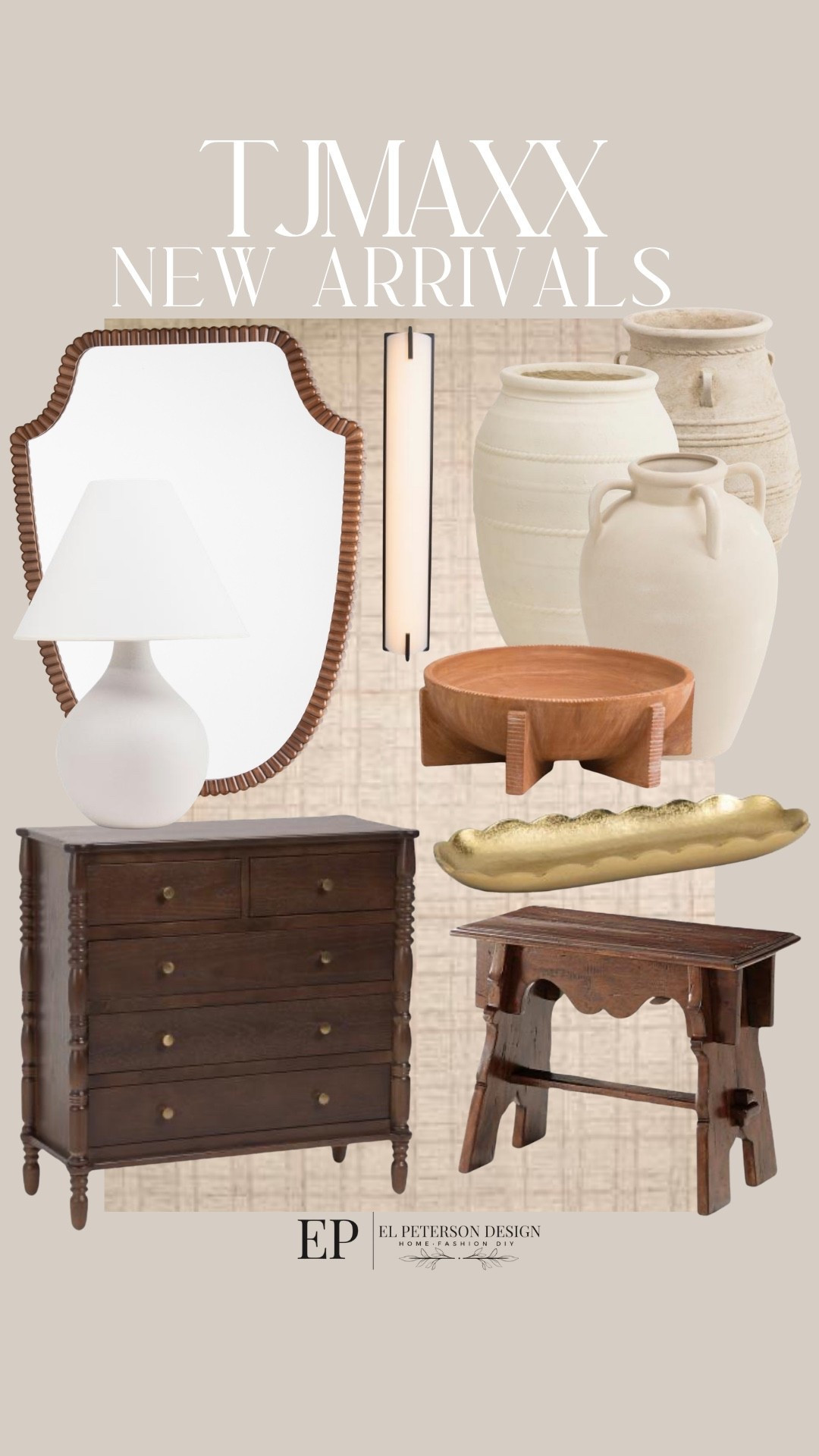 TJ Maxx
New Arrivals
Mirror
Vases
Rug
Stool
Dresser drawers
Table lamp
Tray

#LTKHome