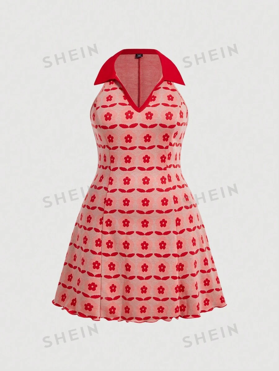 SHEIN MOD Plus Size Summer Red Retro Floral Printed Sleeveless Knit Polo Dress,70s | SHEIN