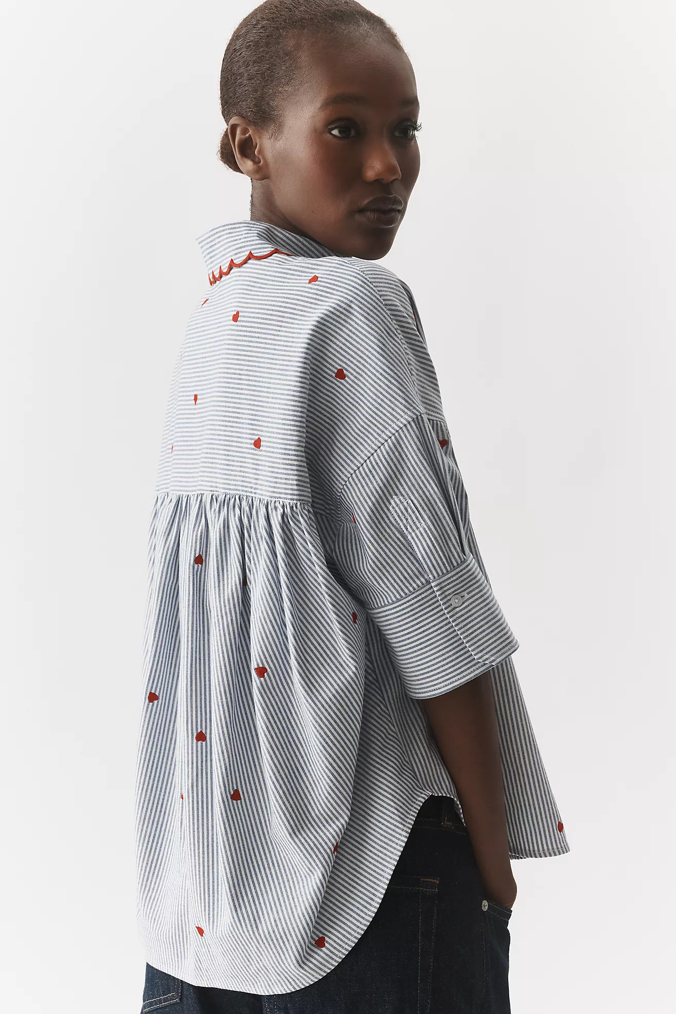 The Mabel Embroidered Scalloped Collar Boxy Oxford Shirt by Maeve | Anthropologie (US)