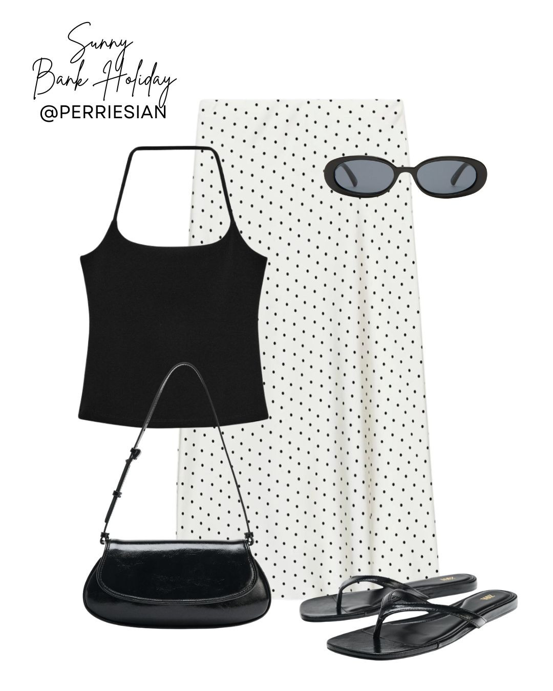 Bank Holiday Weekend Oufit Inspiration 🤍🖤ྀིྀི

Black Cami Top, Polka Dot Maxi Skirt, Black Shoulder Bag, Black Flip Flops, Monochrome Summer Outfit, Sunny Bank Holiday Look, Casual Chic Outfit, Minimal Summer Style, Day To Night Outfit, Polka Dot Trend

#LTKuk #LTKspring #LTKsummer