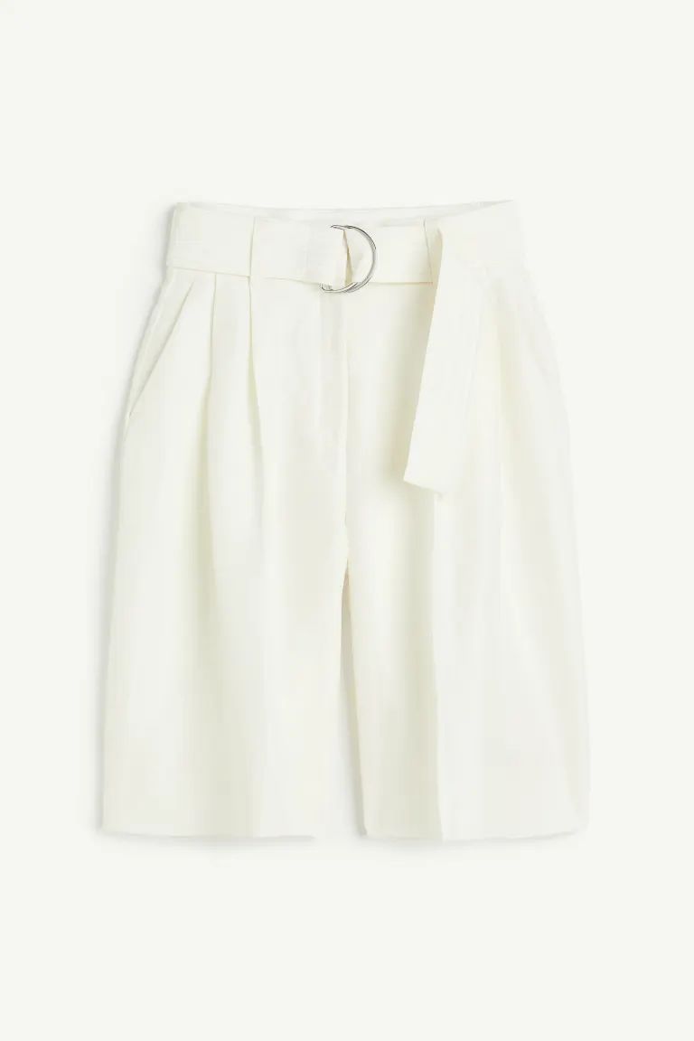 Linen-blend belted shorts - White - Ladies | H&M | H&M (UK, MY, IN, SG, PH, TW, HK)