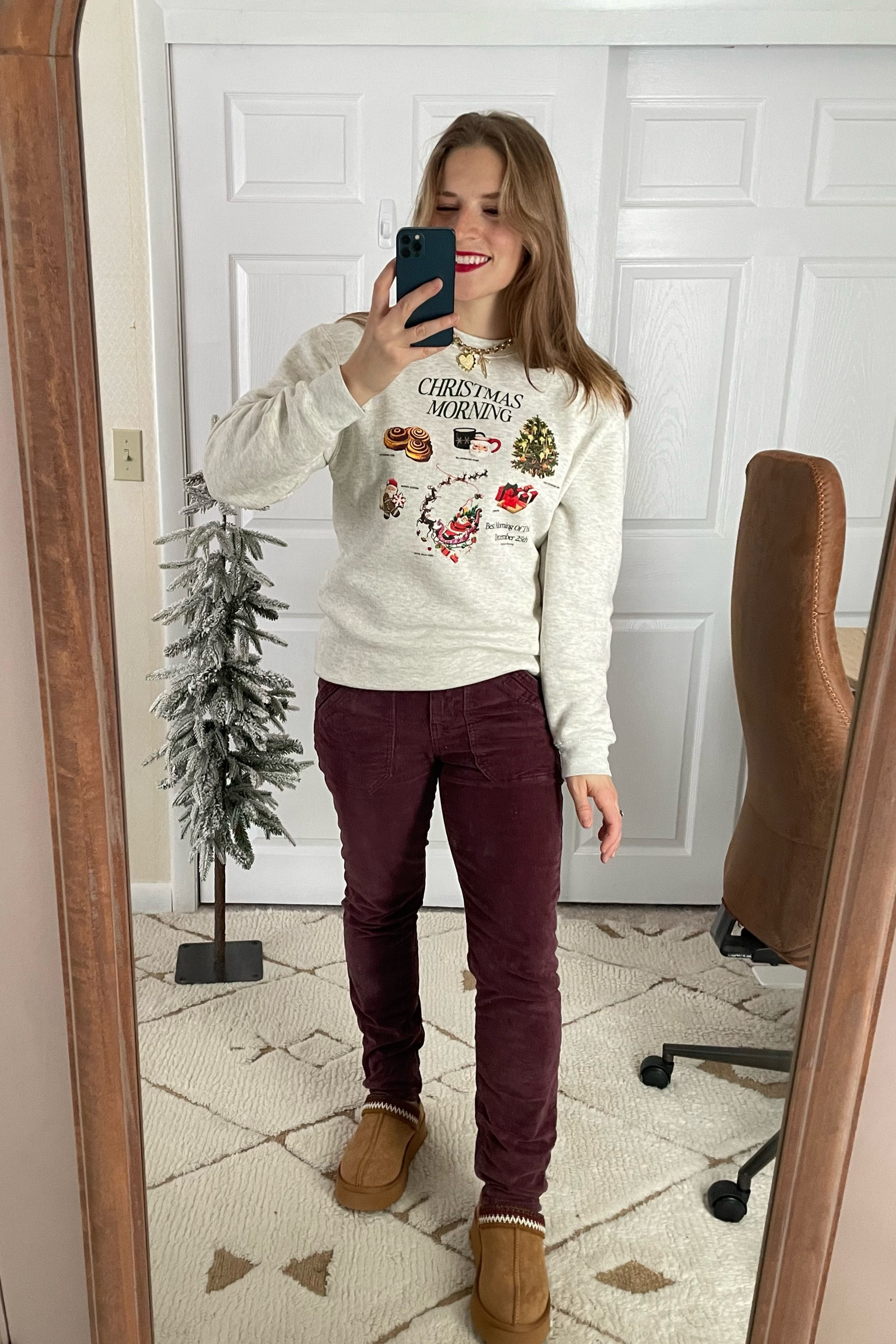 Holiday outfit, cozy Christmas outfit, ootd, Christmas sweatshirt, graphic sweatshirt, shop small, small shop, corduroy pants, burgundy pants, charm necklace l, red lipstick 

#LTKHoliday #LTKFindsUnder50 #LTKSeasonal