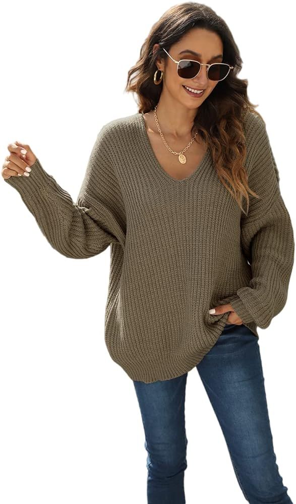 SUPRELOOK Women's Long Sleeve V Neck Oversized Knit Sweater Casual Loose Pullover Jumper Tops | Amazon (US)