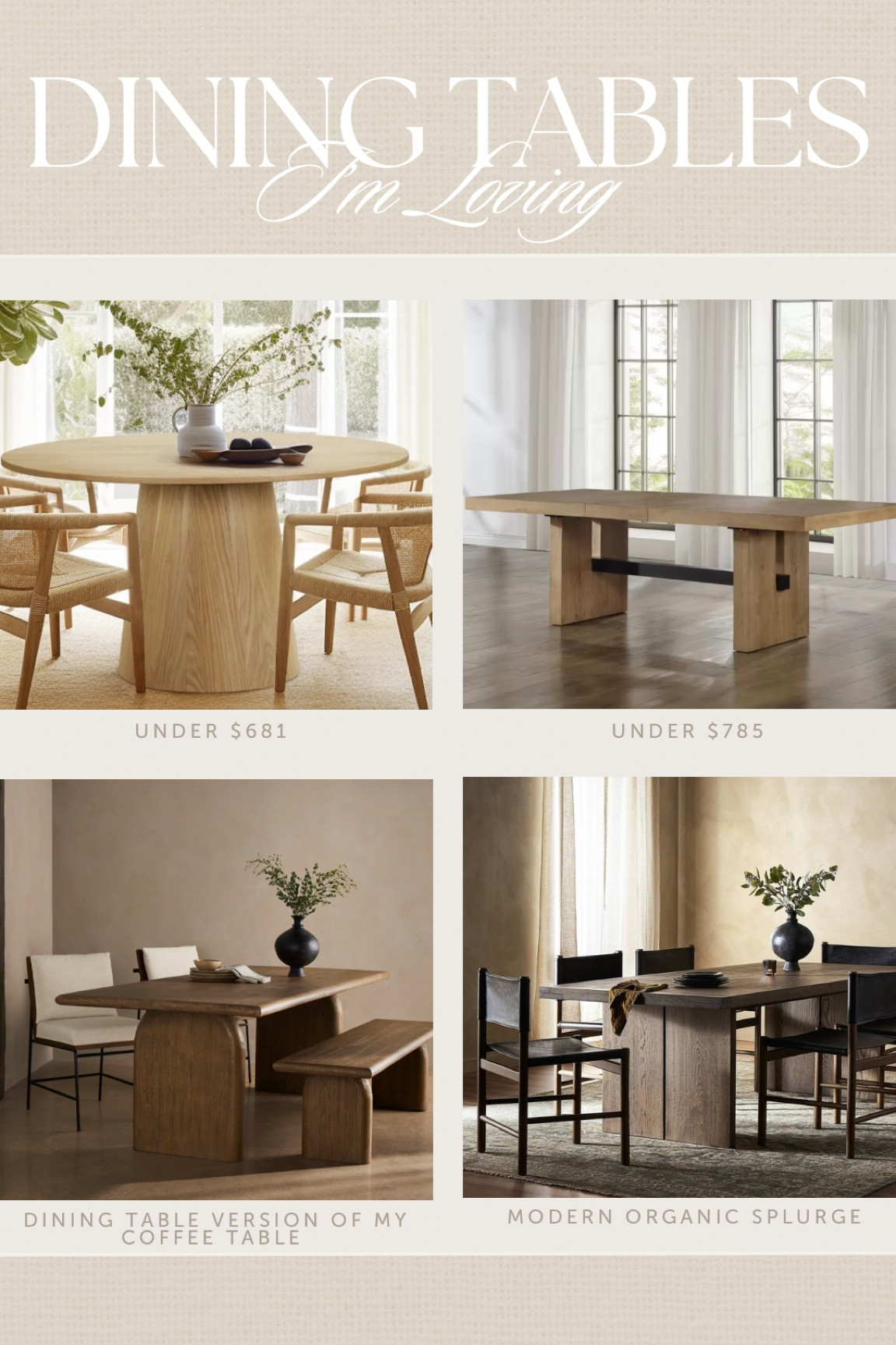 Dining tables that caught my eye 👀 
Love this round table under $800! And the rectangular one that looks so similar to mine for 1/3 of the price from Home Depot! 😍🤌🏼
The bottom left is the dining table version of my coffee table so obviously love it and last one is a splurge but such a timeless vibe ✨ which one is your fav?

#diningroom #diningtable #table #kitchen #homefind #homedecor #modernorganichome #roundtable #browntable #woodtable #wayfair 

#LTKMostLoved #LTKSaleAlert #LTKHome