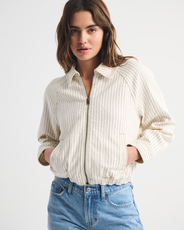 Linen-Blend Denim Bomber Jacket | Abercrombie & Fitch (US)