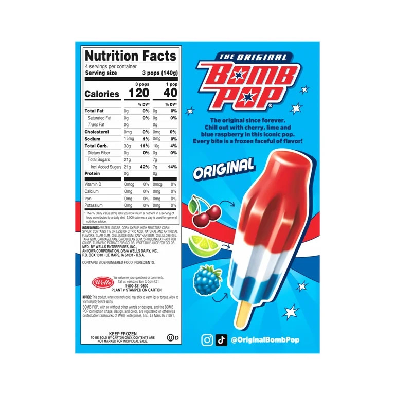 Bomb Pop Original Freeze Ice Pops, Frozen Dessert, Cherry, Lime, & Blue Raspberry, 12 Pack | Walmart (US)