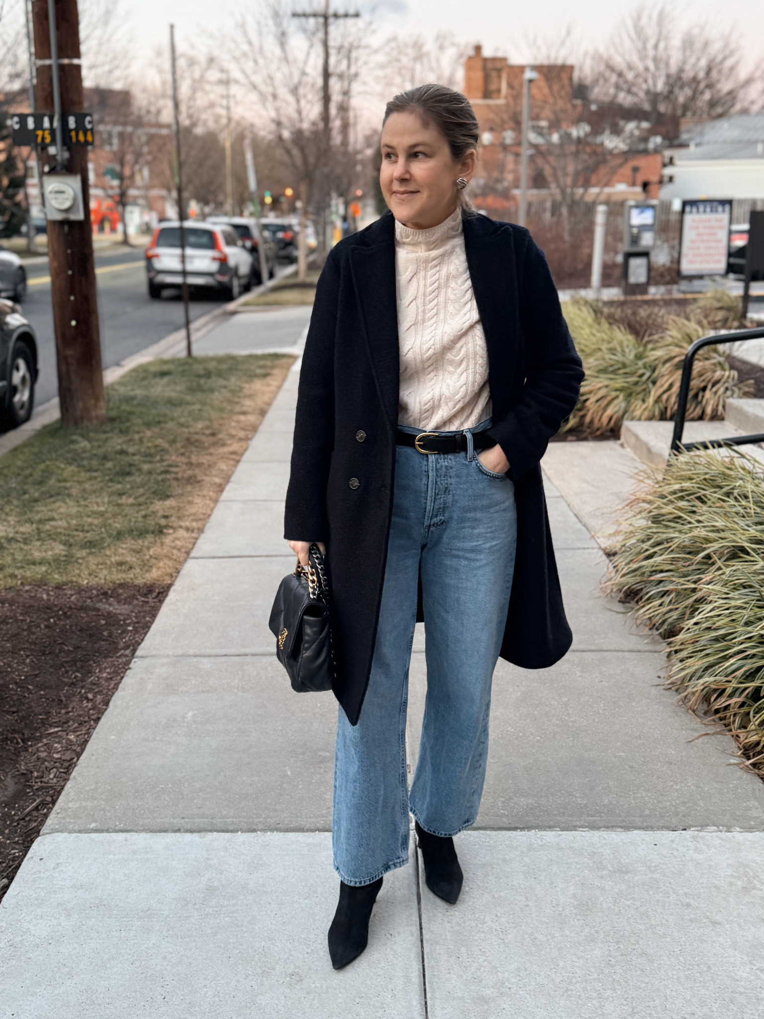 Winter denim outfit, suede knee high boots, classic leather belt 

 #LTKmomlife #LTKSeasonal