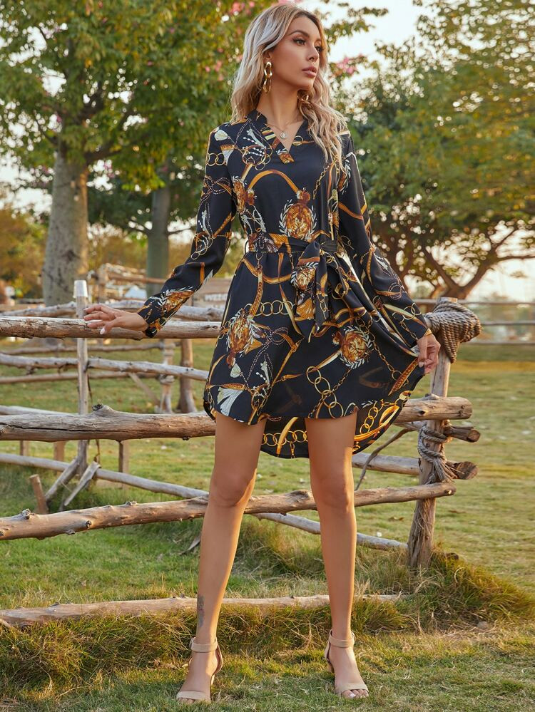 Notched Neck Chain Print Belted Dress | SHEIN