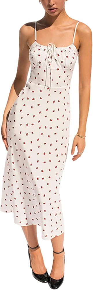 Omoone Womens Floral Dress Low-Cut Square Neck Spaghetti Strap Tie Bodycorn 90s Y2k Sun Dresses | Amazon (US)