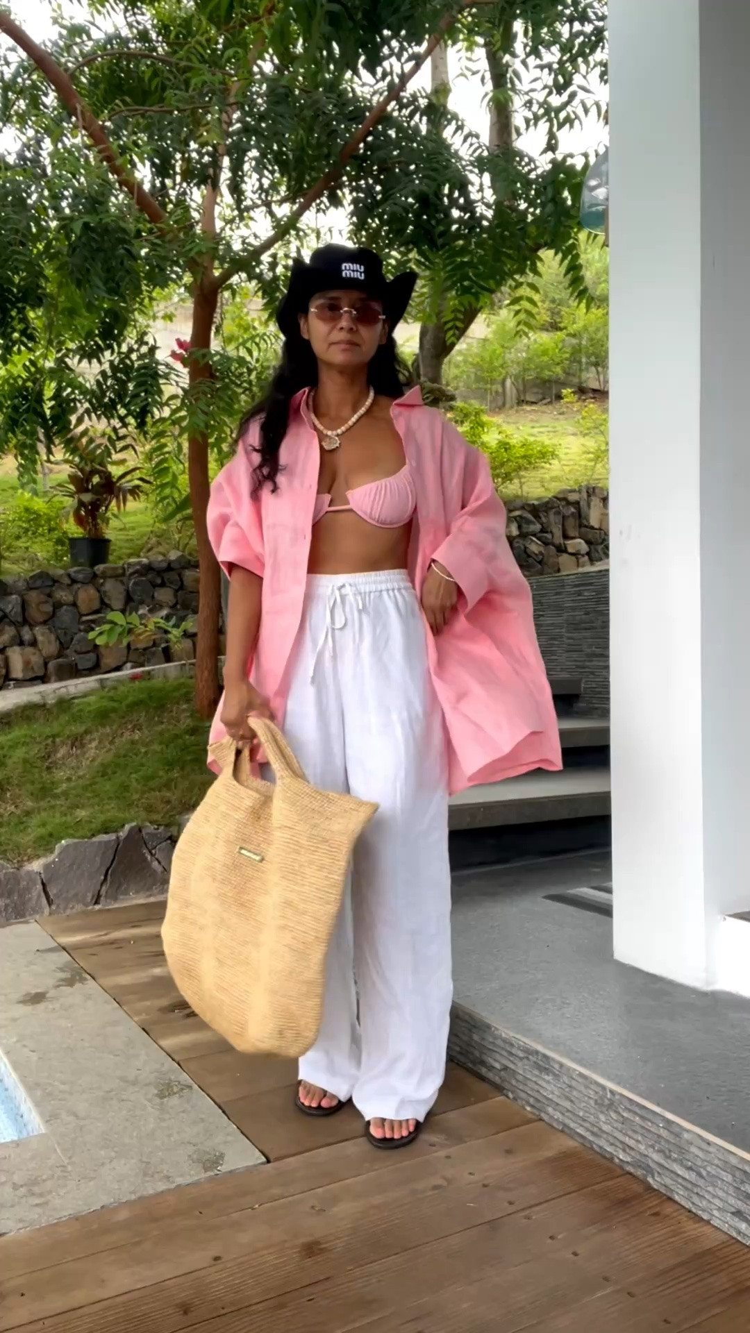 Swimsuit vacation outfit! Swimming is TJ swim. Linen shirt is TJ swim. Pants are old Zara. Sandals Zara 

Bag Monday swimwear