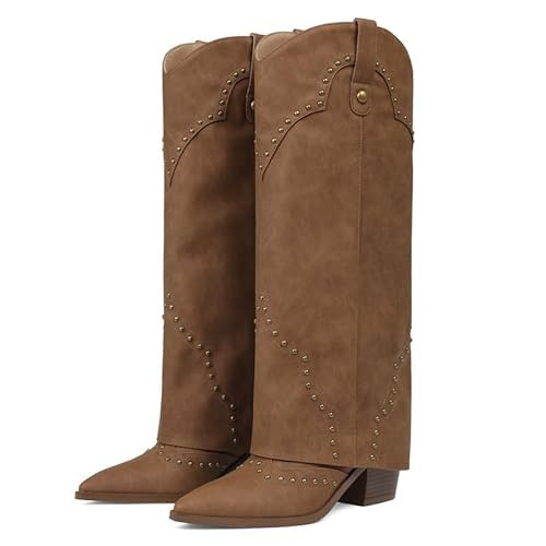 Erocalli Brown Boots for Women Cowboy Cowgirl Fold over - Tall, Long, Western, Knee High, Thigh High Boot, Snip Toe, Studded, Trendy Dressy, Pull On | Amazon (US)