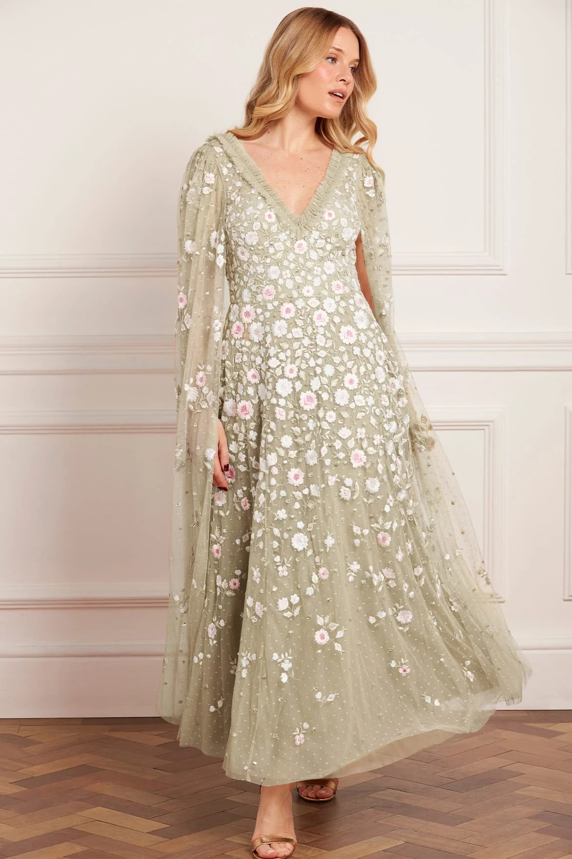 Ethereal Blooms Cape Sleeve Ankle Gown | Needle & Thread