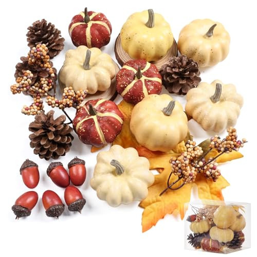 23Pcs Fake Pumpkins Fall Thanksgiving Decorations,Plastic Pumpkins with Acorns,Maple Leaves,Pine cones,Berries, Artificial Mini Pumpkin Decorating Harvest Home Decor Centerpiece Table Decorations | Amazon (US)