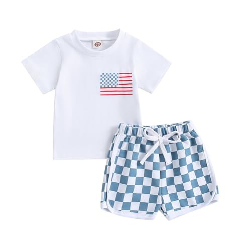 Baby Boy 4th of July Summer Outfit American Flag Short Sleeve T Shirt + Checkered Shorts Toddler 2PCS Clothes Set (2-3 Years,White) | Amazon (US)