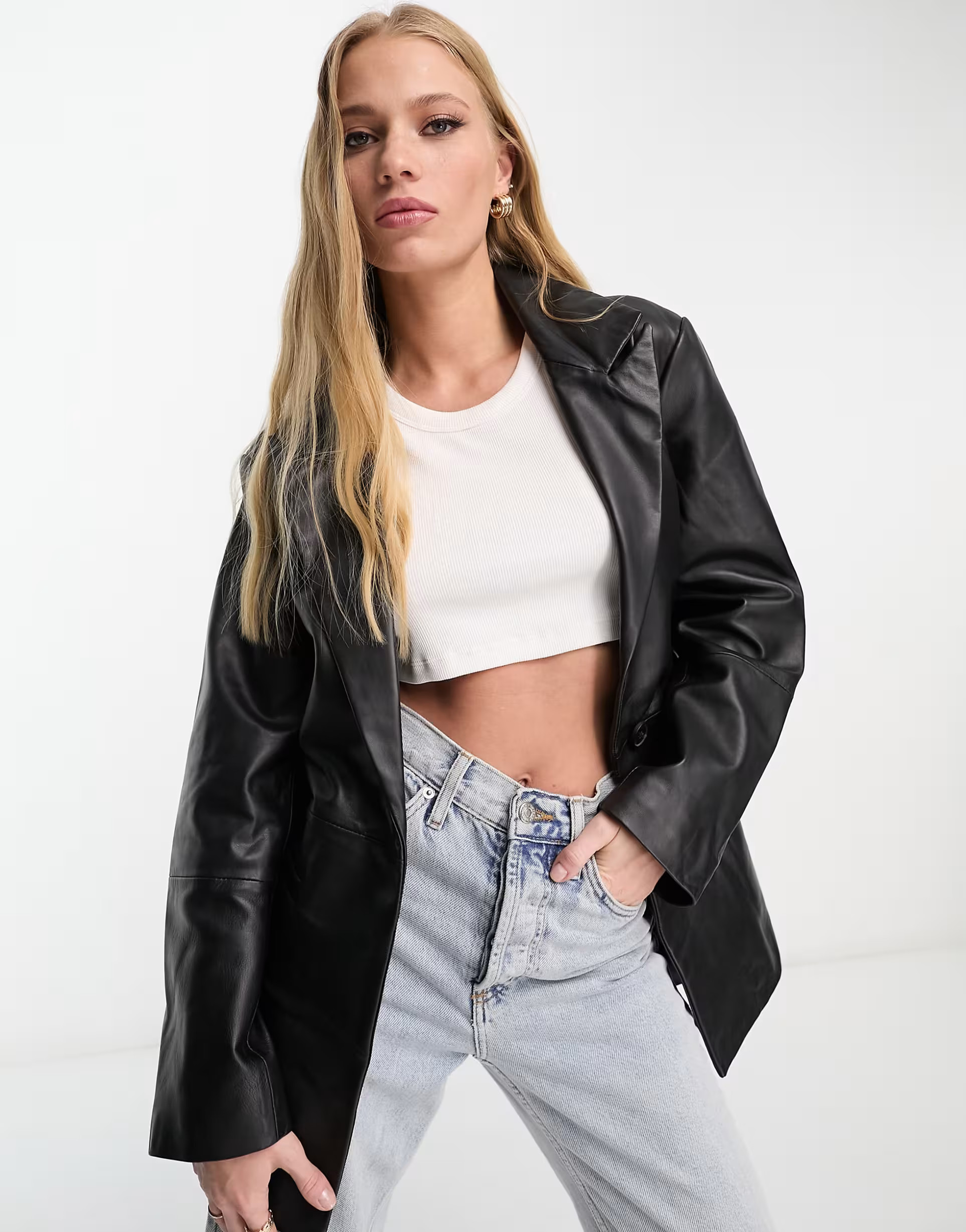 ASOS DESIGN premium real leather belted mum jacket in black | ASOS (Global)