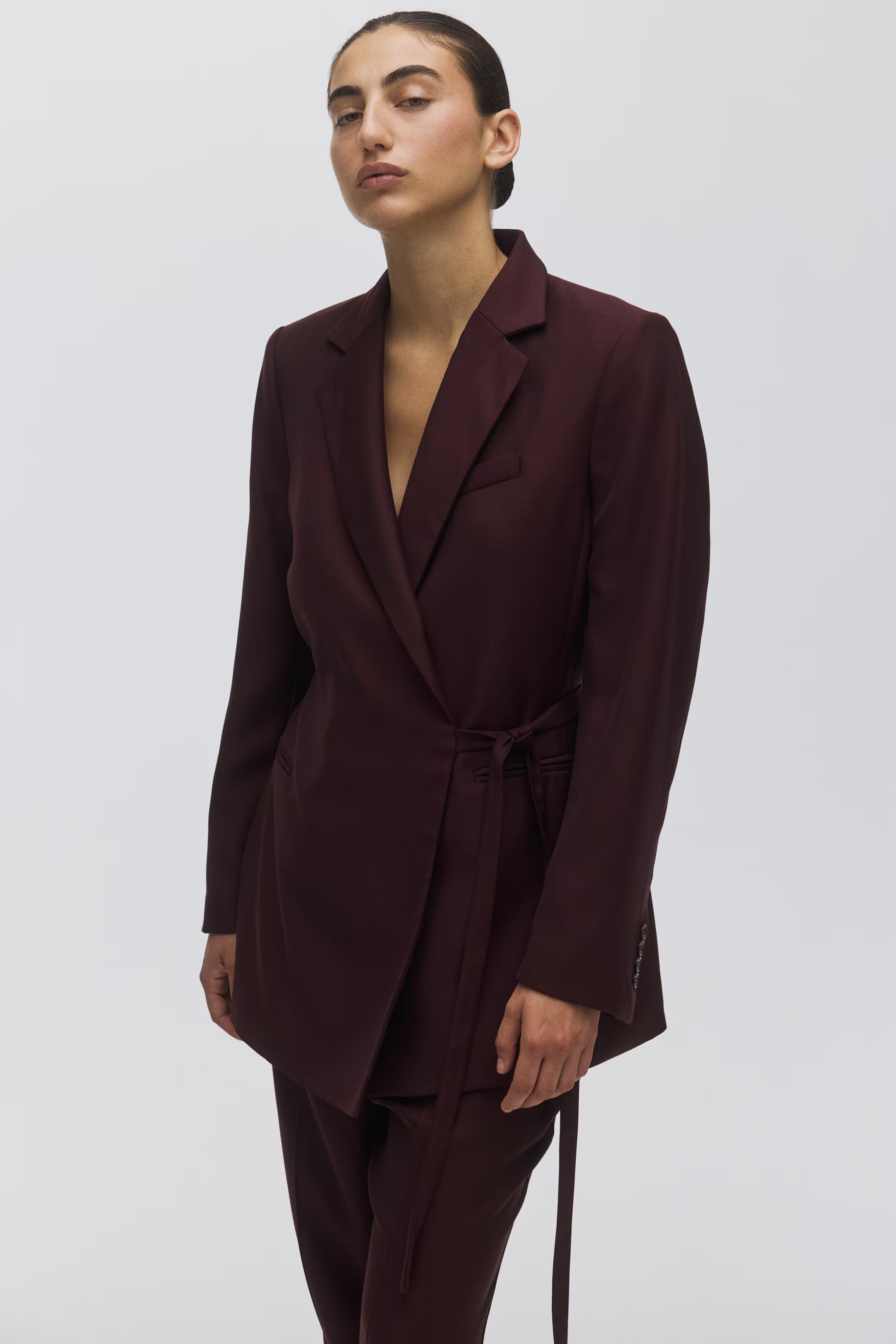 Tie-detail wrap blazer - Burgundy - Ladies | H&M GB | H&M (UK, MY, IN, SG, PH, TW, HK)