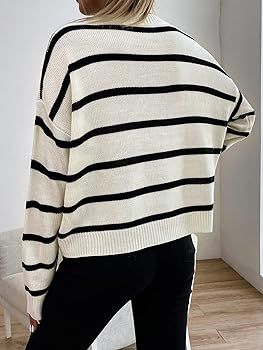 SheIn Women's Striped Round Neck Sweater Long Sleeve Casual Pullover Tops Black and White Large a... | Amazon (US)