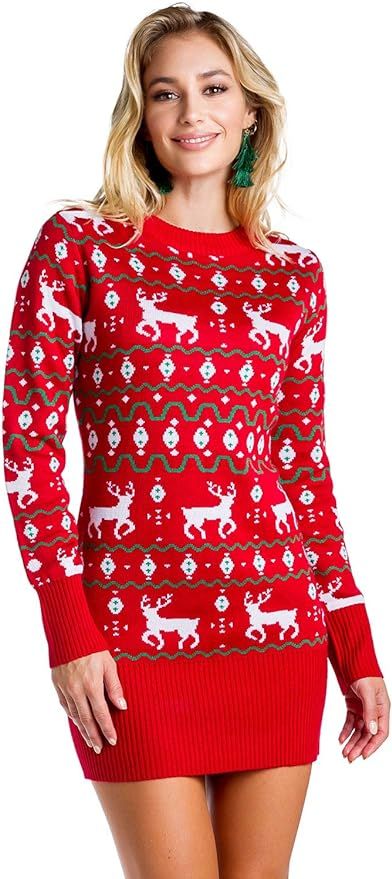 Women's Red Christmas Sweater Dress - Reindeer Ugly Christmas Sweater Dress Female | Amazon (US)