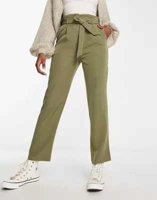 New Look paperbag tie waist straight leg trousers in khaki | ASOS (Global)