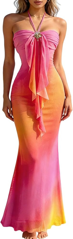 GORGLITTER Women's Floral Ombre Boho Maxi Dresses Halter Starfish Sunset Vacation Beach Cocktail ... | Amazon (US)