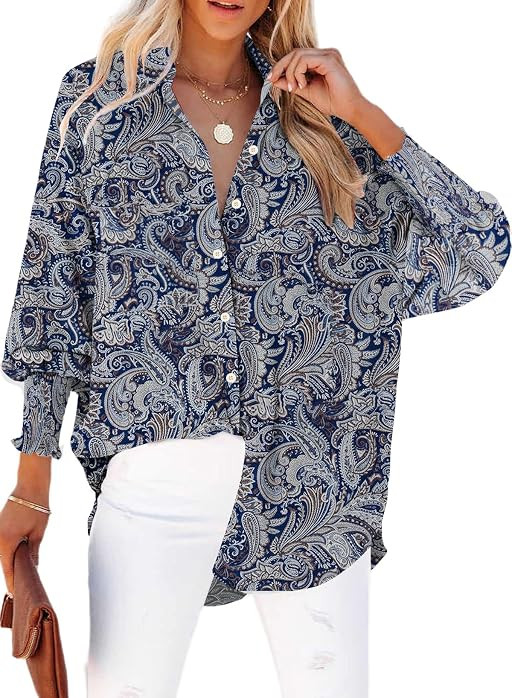 LEMAFER Womens Button Down Blouse Striped Smocked Cuffed Boyfriend Shirt | Amazon (US)