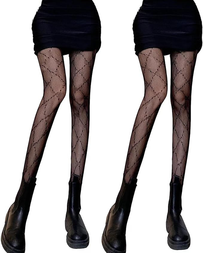 Echpzed Women Patterend Fishnet Tights High Waist Fashion Stockings Pantyhose for Party, 2 Pairs | Amazon (US)