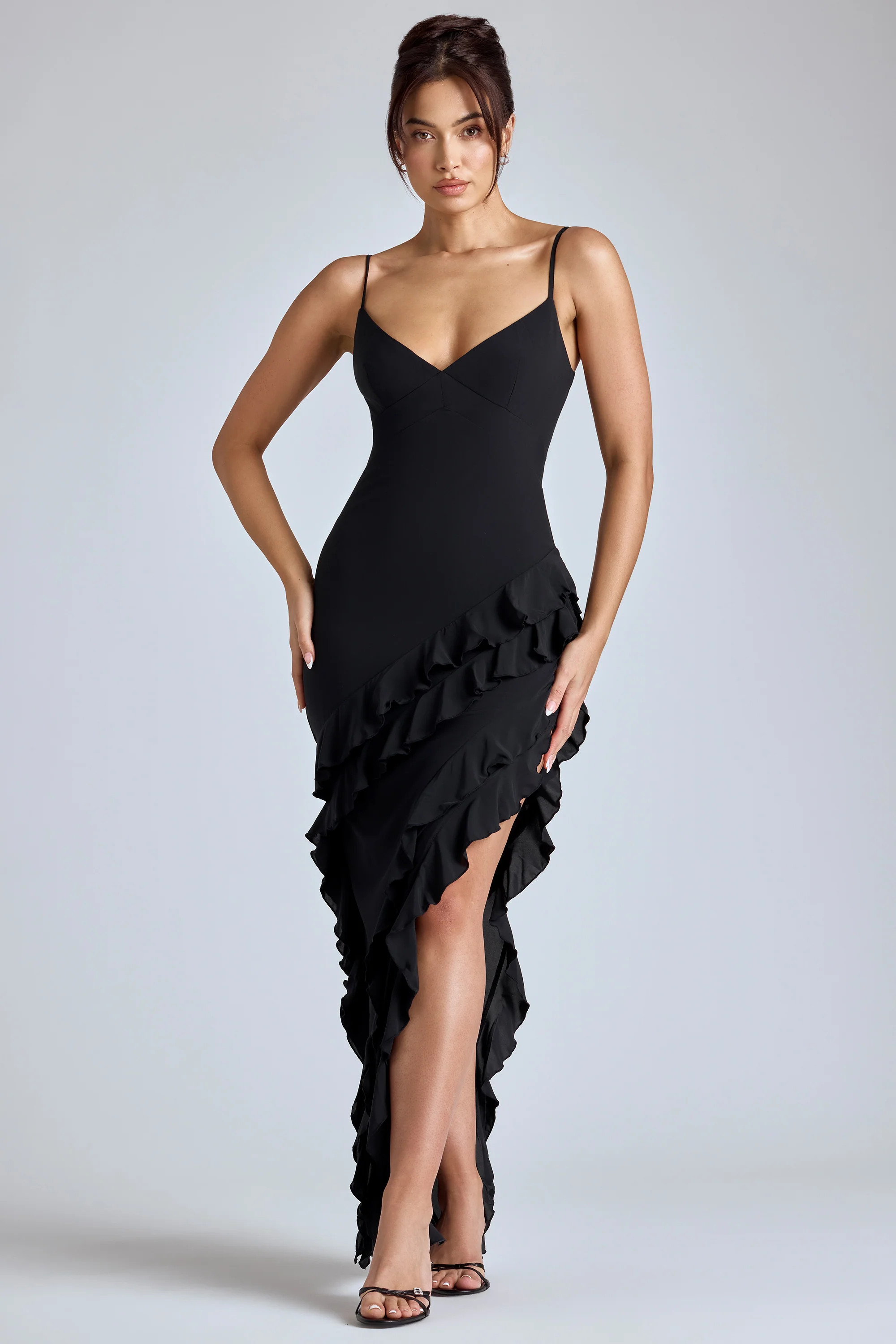 Panelled Ruffle Evening Gown in Black | Oh Polly