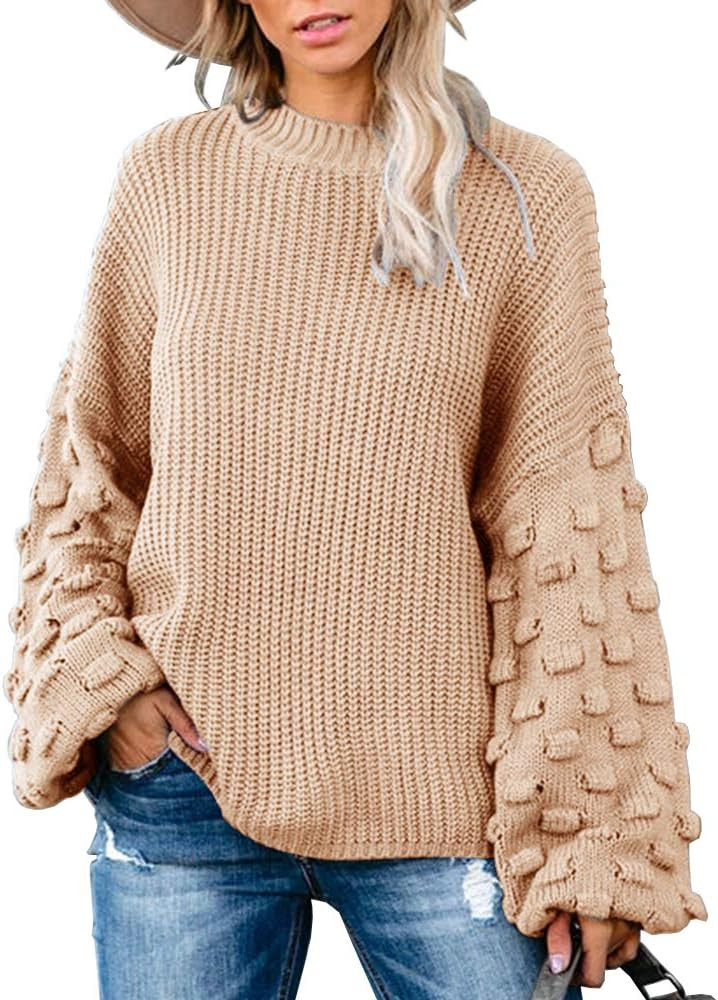 Tutorutor Womens Crew Neck Pompom Sleeve Pullover Sweaters Oversized Batwing Sleeve Chunky Knit L... | Amazon (US)