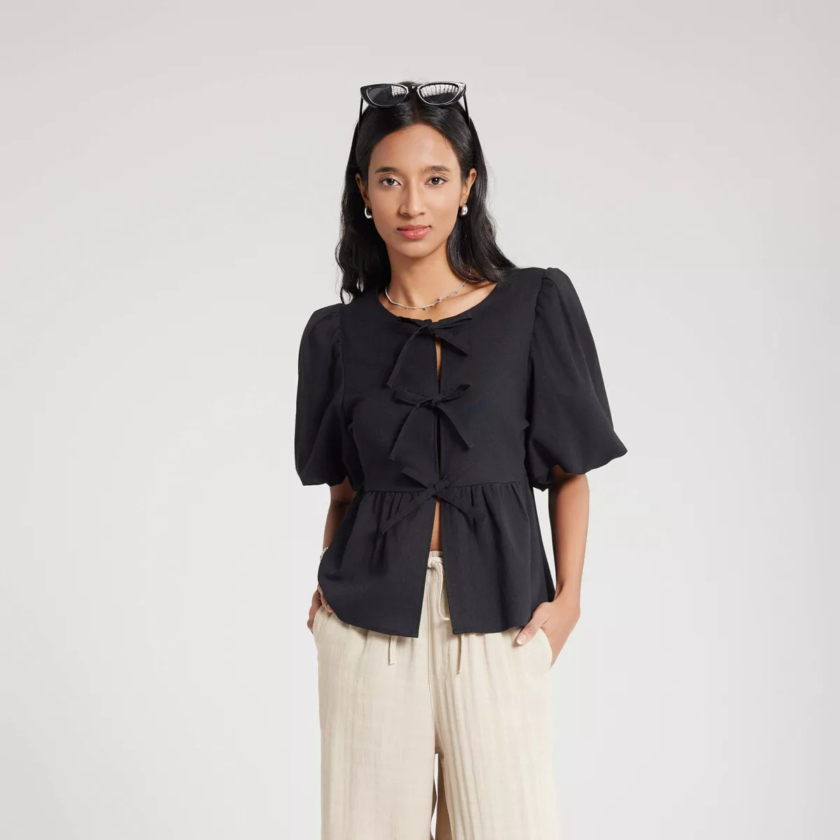 Women's Bubble Sleeve Tie-Front Blouse - A New Day™ | Target