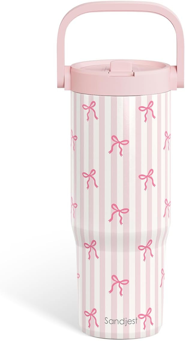 SANDJEST Bow Stainless Steel Straw Lid Tumbler 30oz with Carry Handle for Women Girls, Aesthetic ... | Amazon (US)