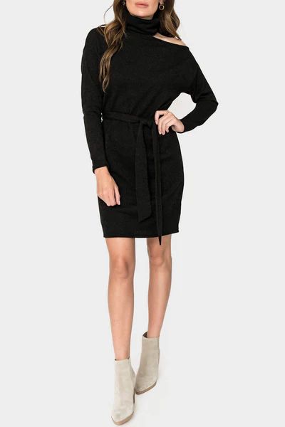 Mock Neck Ribbed One Shoulder Cut Out Knit Dress | Gibson