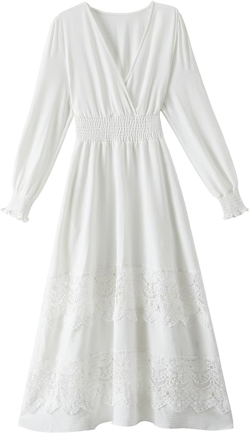 Women's Lace Maxi Dress Short Sleeve V Neck Party Dress Smocked Waist Boho Maxi Dress Bohemian Dr... | Amazon (US)