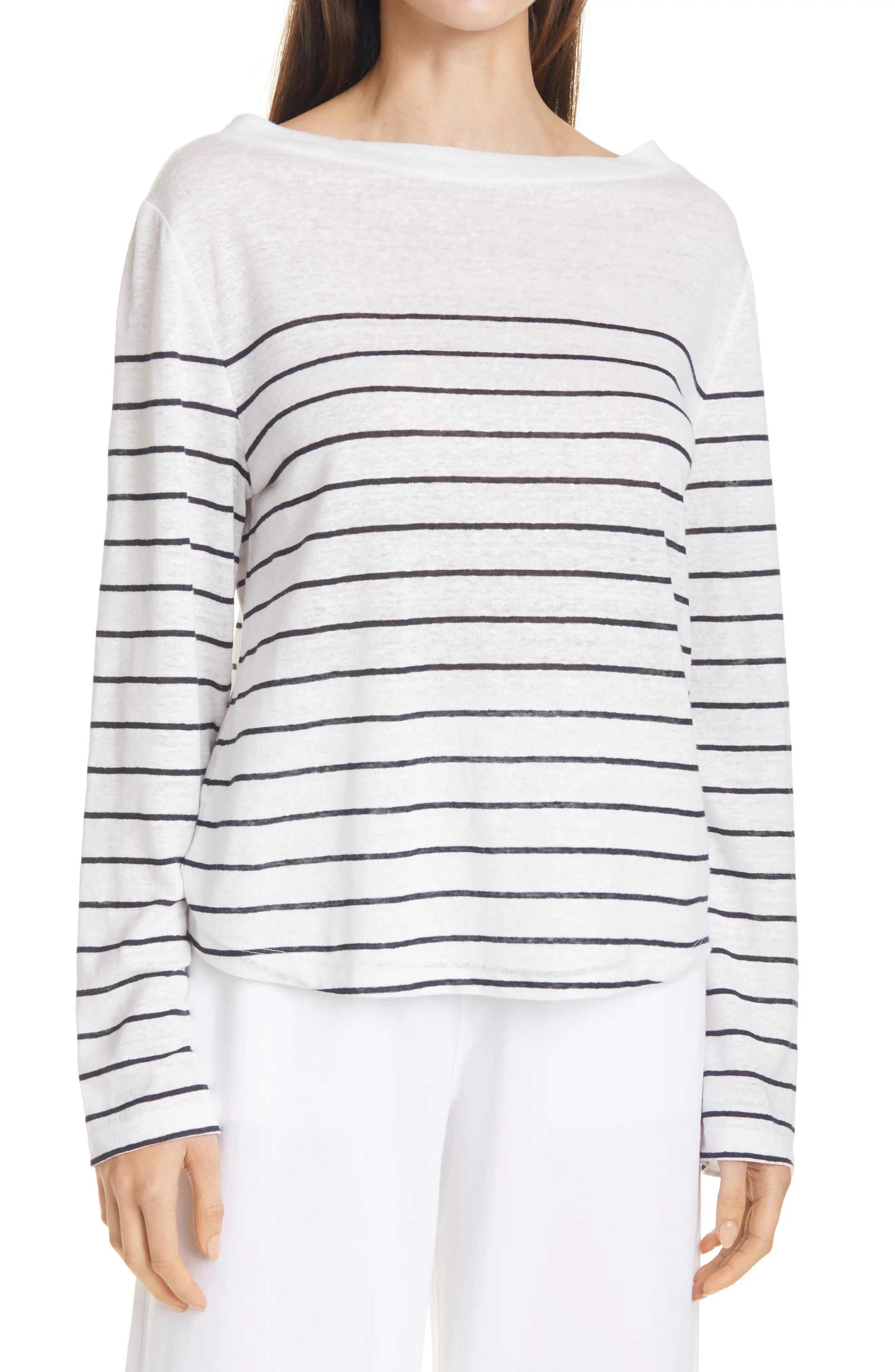 Vince Camuto Breton Stripe Long Sleeve Boat Neck Top in Optic White/Coastal at Nordstrom, Size X-Lar | Nordstrom
