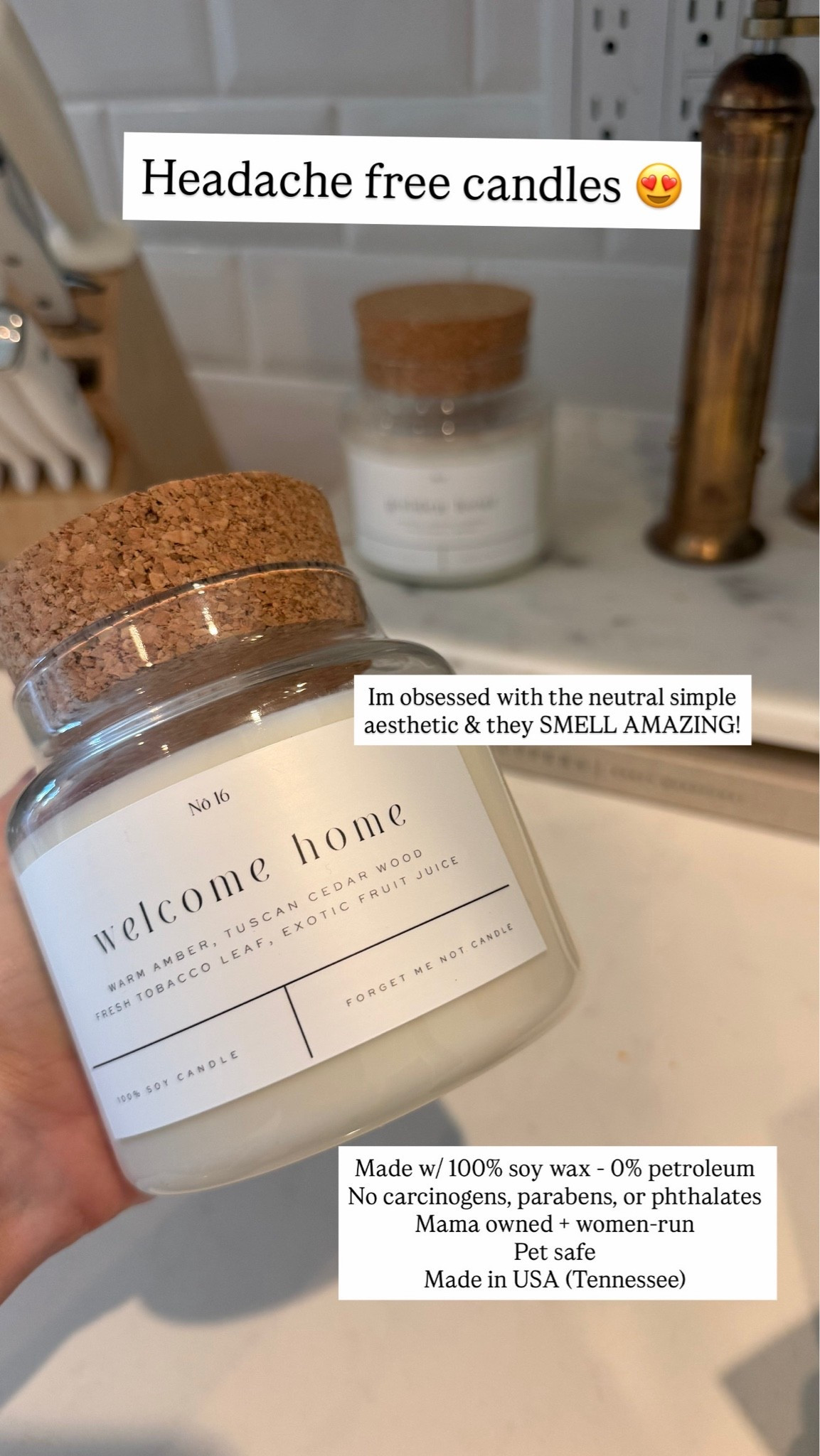 Found my new favorite candles that are formulated specifically for a headache free burn. I love that these are made with 100% soy wax, are pet safe, women run, and made/shipped out out of the United States (Tennessee)!! ￼The simple neutral aesthetic is perfect for any home ! I’m going to be gifting these to everyone especially as a moving present!